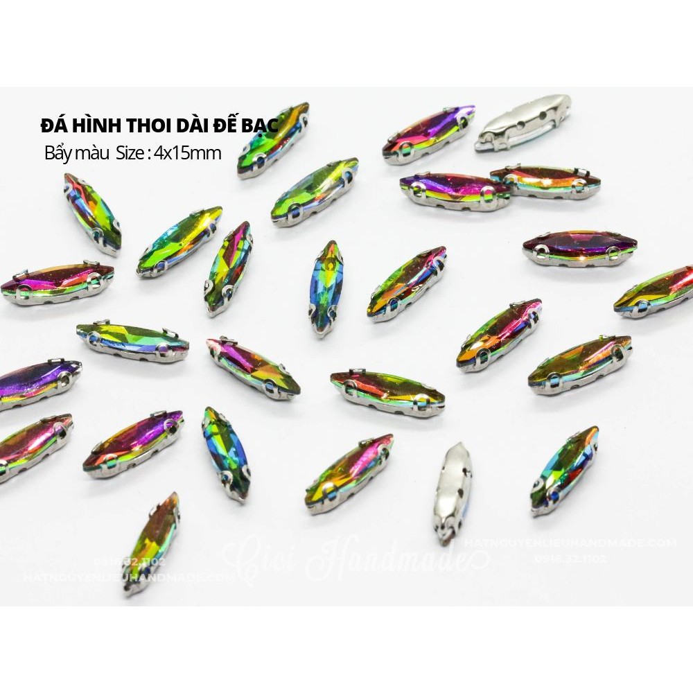 Set 10 hạt đá hình thoi dài đế bạc 4x15mm Cici Handmade chuyên hạt đá hạt pha lê hạt cườm hạt trang sức tự làm
