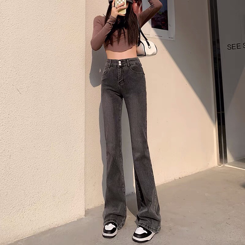 Quần Jean Nữ Ống Xuông Xám Trơn Cá Tính TDSHOP Quần Bò Lưng Cao Dáng Suông Chất Liệu Jeans Không Phai Cao Cấp