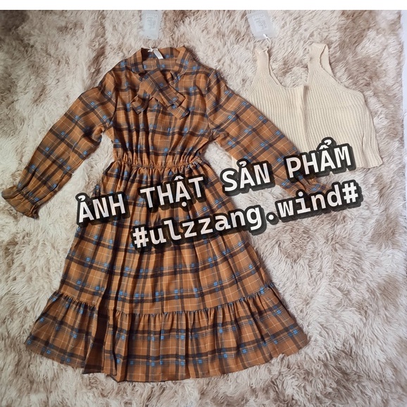 Set đầm nơ kẻ dài tay ulzzang - u.w
