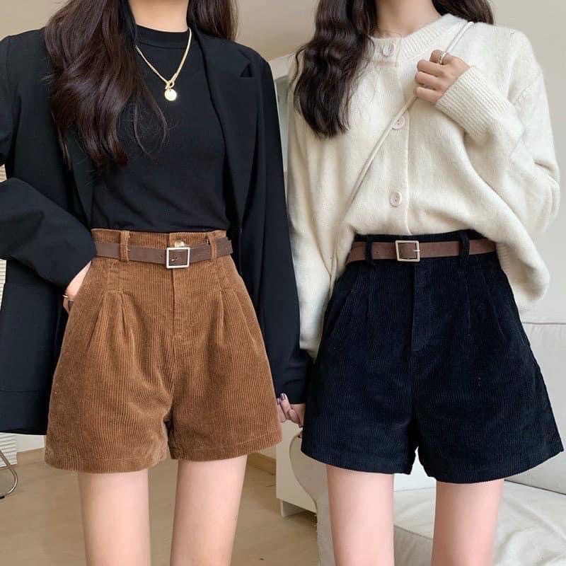 Quần shorts nữ nhung tăm kèm đai ba màu đen nâu kem đậm cạp lưng cao quần đùi nữ phong cách hàn quốc cao cấp KOZODA Q16 | BigBuy360 - bigbuy360.vn