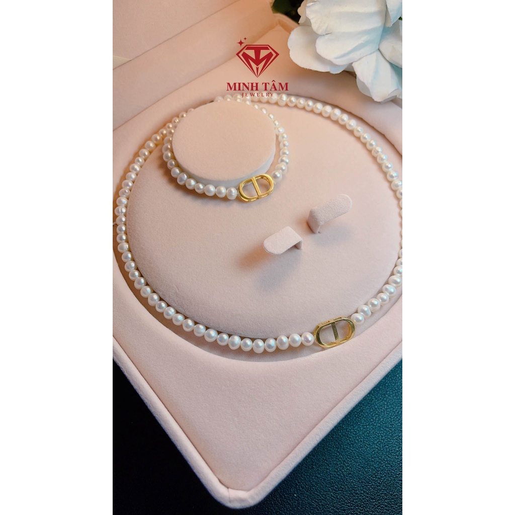 Bộ vòng cổ trai nuôi nước ngọt và vòng tay ngọc mix khóa Dio bạc mạ vàng hạt 6-7 ly-Minh Tâm Jewelry