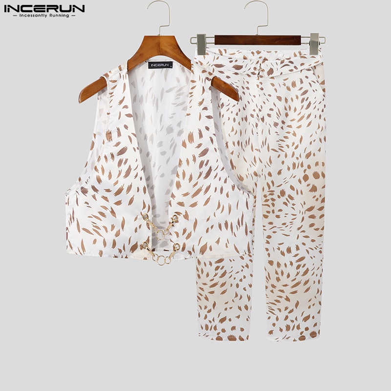 INCERUN Set Áo Ghi Lê + Quần Dài Dáng Rộng Thời Trang Cá Tính Cho Nam