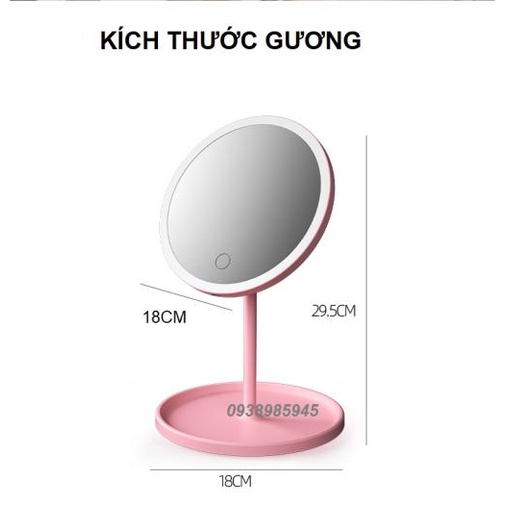 Gương Trang Điểm Có Đèn Led Cảm Ứng 3 Chế Độ Ánh Sáng - Gương MakeUp Tròn Màu Hồng Phấn
