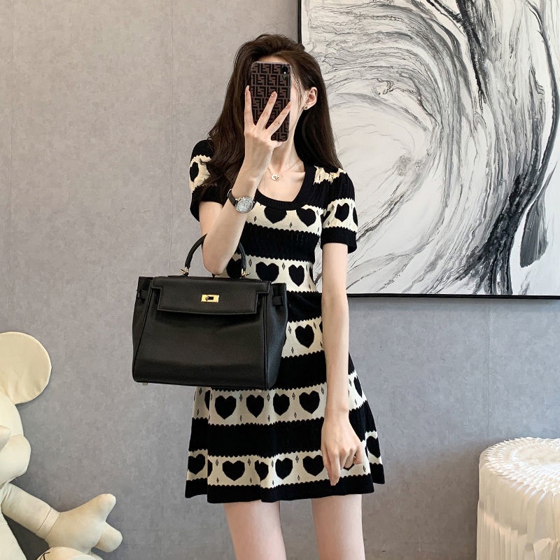 Đầm dệt kim tay ngắn lưng cao phong cách Hàn Quốc thời trang mùa hè cho nữ