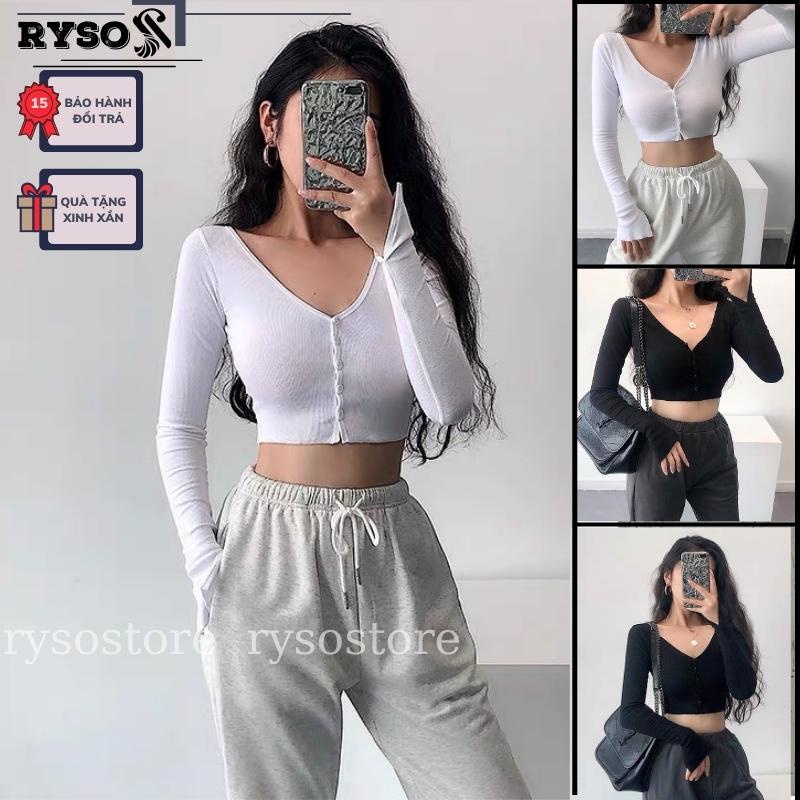 Áo Croptop tay dài nút cài chất thun gân dày dặn cao cấp basic cá tính crt trắng đen đơn giản