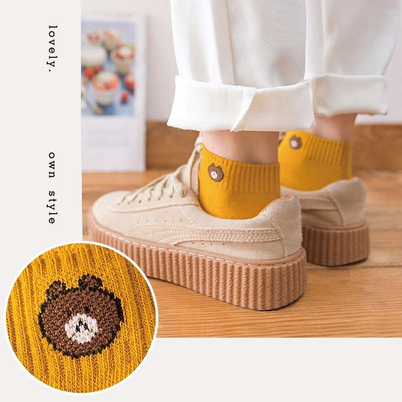 Embroidery Cartoon Socks,Little Bear Boat Socks, Woman Invisible Short Ventilation Socks