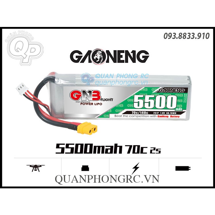 Pin GNB 5500mAh 2S 70C 7.4V LiPo Battery XT60 Plug