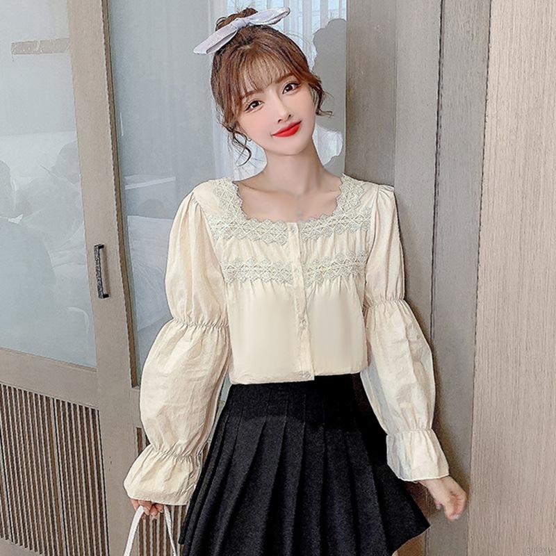 Áo Kiểu Tay Dài Cổ Vuông Phối Ren Phong Cách Retro Hàn Quốc Dành Cho Nữ | BigBuy360 - bigbuy360.vn