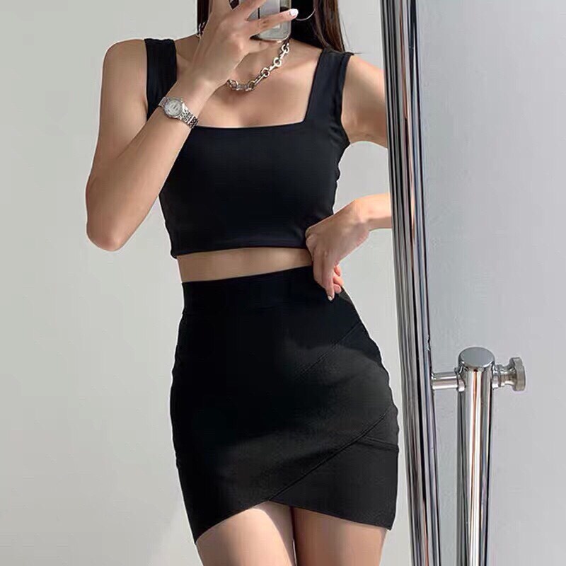 ÁO CROPTOP CỔ VUÔNG 2 DÂY QUAI TO DÁNG LỬNG ÔM BODY - ÁO KIỂU KHOÉT NÁCH ĐEN TRẮNG