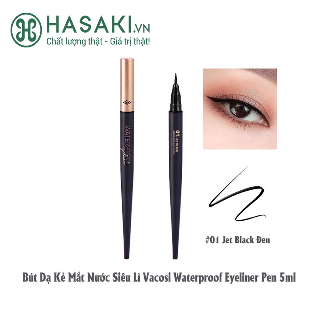 Bút Kẻ Mắt Nước Vacosi Siêu Lì Sắc Mảnh 01 Màu Đen Waterproof Eyeliner Pen 01 Jet Black 5ml
