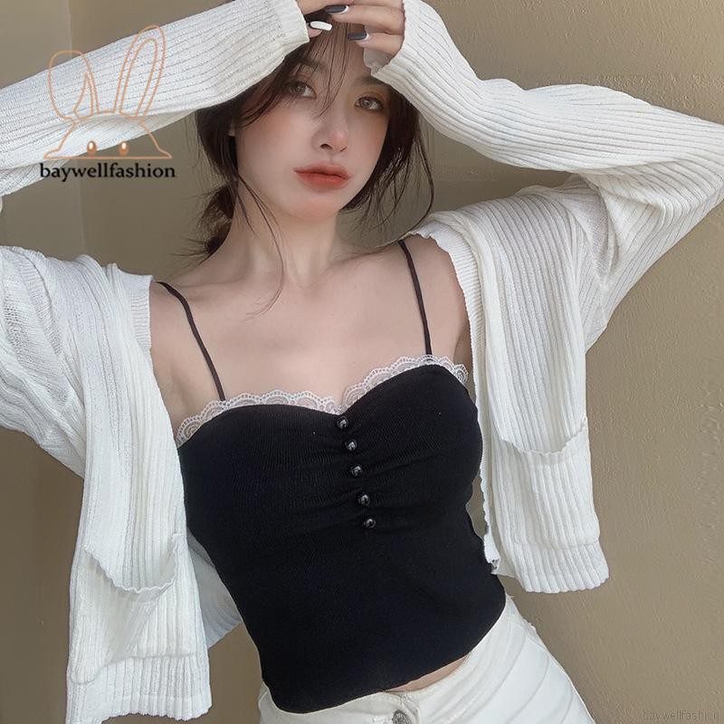 Áo Croptop Dệt Kim Phối Ren Hoa Thiết Kế Màu Trơn Thanh Lịch | BigBuy360 - bigbuy360.vn