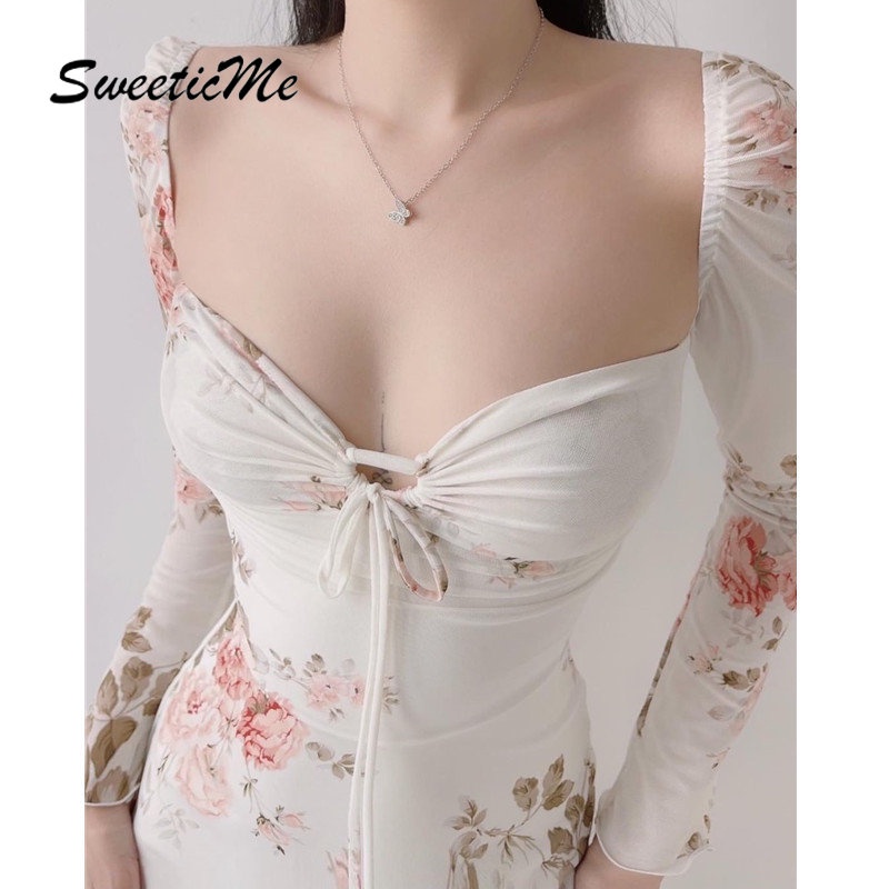 SweeticMe Women's Dress   New Casual Fashion Sexy Slim Long Sleeve Printed V-Neck