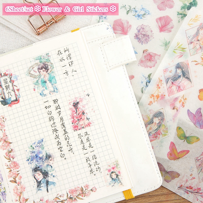 &gt; Ready Stock &lt; ❉ Flower &amp; Girl Giấy và decal dán tường ❉6Sheet/set DIY Diary Scrapbooking Decals Stickers