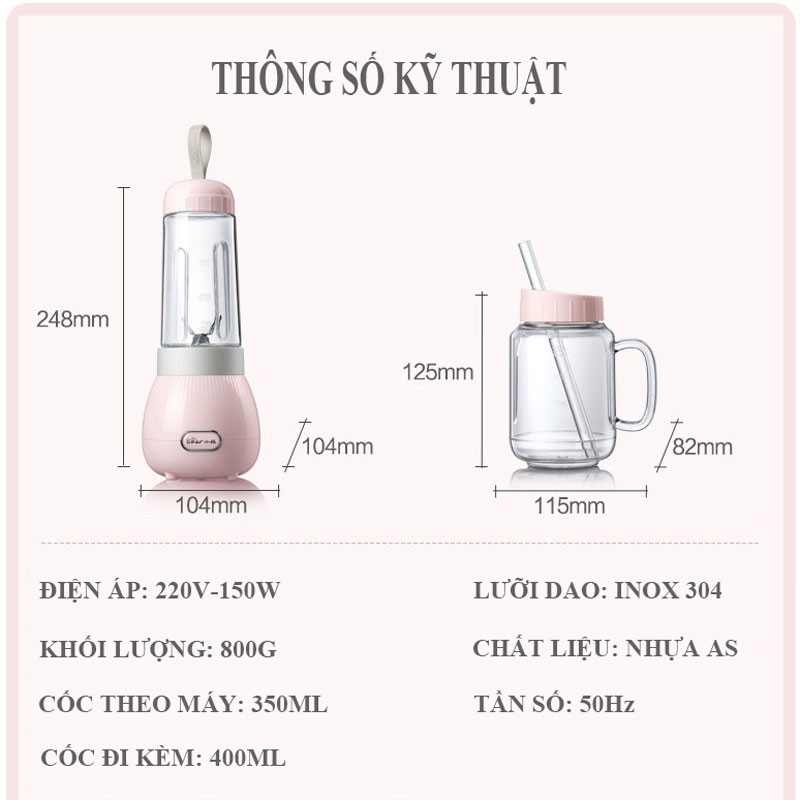 Máy xay sinh tố cầm tay Bear LLJ-D04B1-Máy xay sinh tố 2 cối 350ml tiện dụng hàng chính hãng