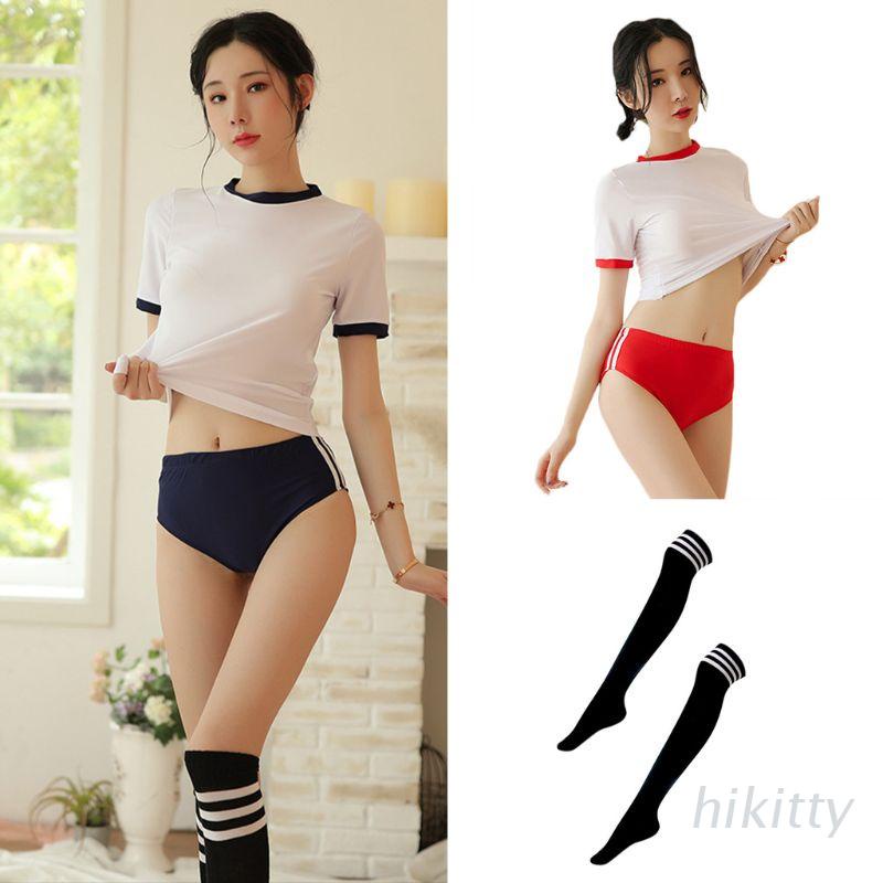 HIK Women Sexy Japanese Schoolgirl Anime Uniform Lingerie Short Sleeve Crop Top Briefs Cosplay Cheerleading Sport Gym Suit