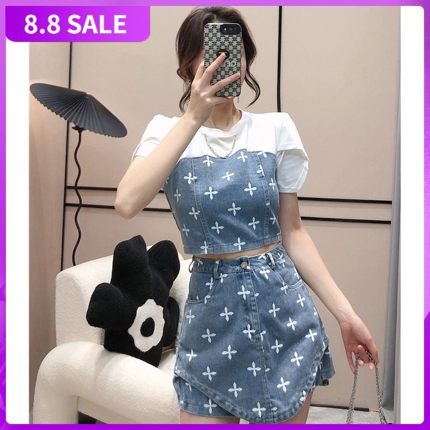 Set Áo Tay Phồng + Quần Jeans Chữ A Thời Trang Nữ