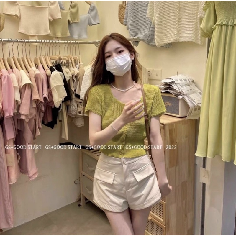 Áo len cổ vuông ngắn tay , áo len cúc dọc hàng sịn _Thaovanshop