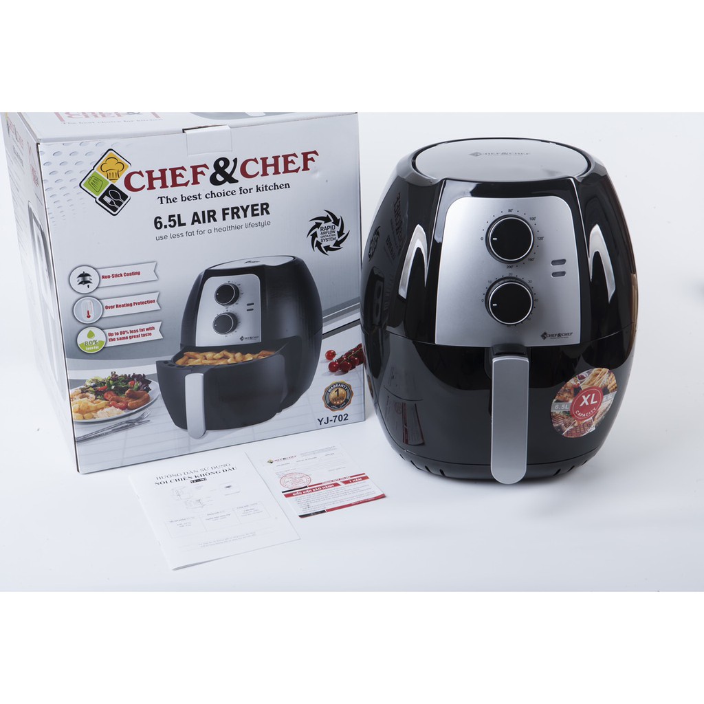 Nồi chiên không dầu CHEF&amp;CHEF 6,5l (YJ – 702) thiết kể mang kiểu dáng hiện đại, sang trọng với màu đen bắt mắt