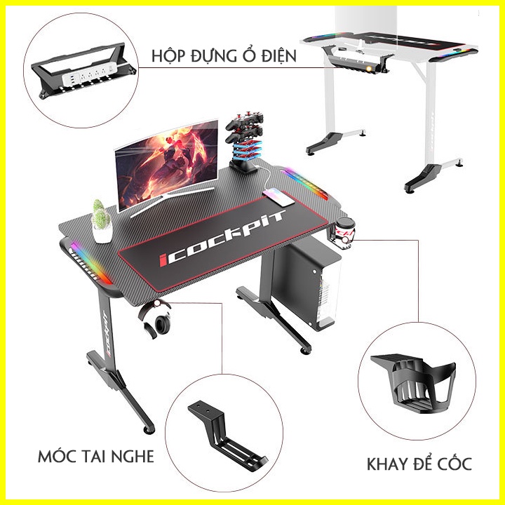 Bàn gaming cao cấp có đèn led cảm biến nhạc, bàn chơi game mặt bàn gỗ phủ sợi cacbon có giá đỡ gamepad máy tính