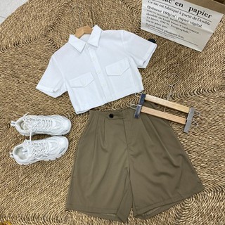 Quần short nữ Quần sooc nữ Quần vải nữ xếp li form rộng màu nâu tây 2021