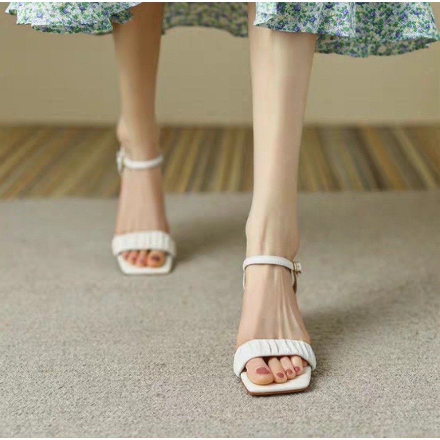 Sandal cao gót nữ, đế tam giá trụ 5cm, quai nhún dây cài, thanh lịch sang trọng