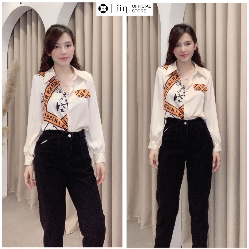 Áo Sơ Mi nữ màu Be mix Chữ kiểu dáng trẻ trung, dễ phối đồ Liin Clothing SM3894