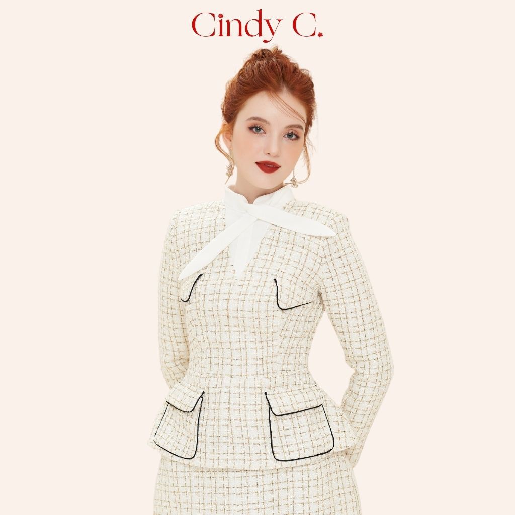 Áo khoác dạ Tweed Elwyn CINDY C màu trắng thiết kế tôn dáng, sang chảnh, túi có nắp S21707