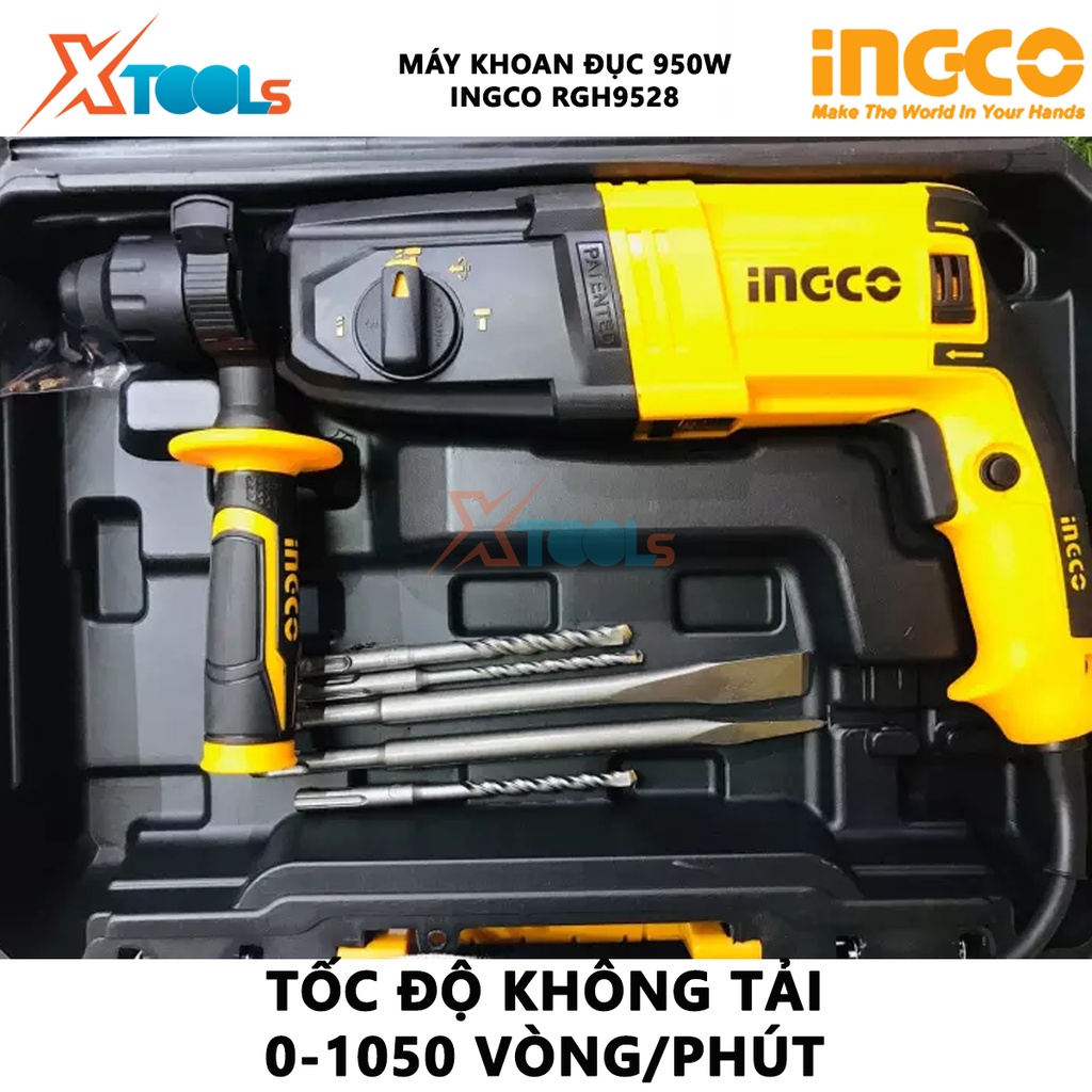 Máy khoan búa dùng pin 3 chức năng 950w Ingco RGH9528 đầu gài sds plus, tốc độ 1050rpm, tốc độ búa 4670bpm, lực búa 2,5j