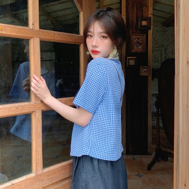 Áo Sơ Mi Tay Ngắn Họa Tiết Caro Thời Trang Sành Điệu Cho Nữ