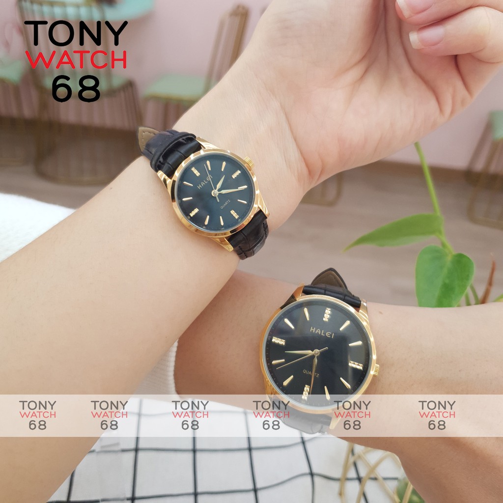Đồng hồ cặp đôi nam nữ Halei dây da nâu viền mạ vàng chống nước tuyệt đối | BigBuy360 - bigbuy360.vn