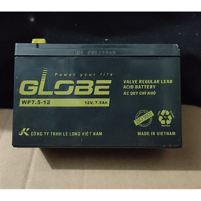 BÌNH ẮC QUY GLOBE 7,5 (12V-7.5AH) TRỢ ĐIỆN xe điện, cửa cuốn