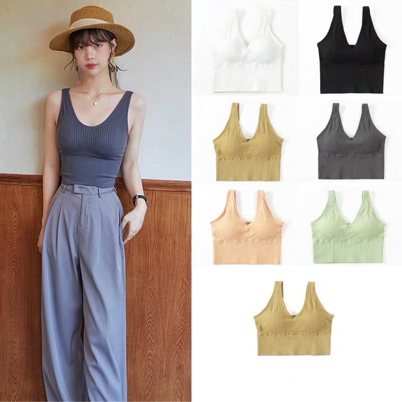 Áo lót nữ bra len tăm hàn mặc kết hợp với vest khoác ngoài rất hot 2020 | BigBuy360 - bigbuy360.vn