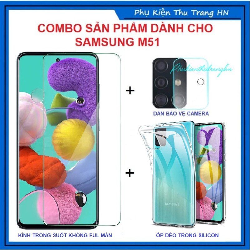 Combo 3 in 1 Samsung M51 kính cường lực trong suốt không full màn hình + dán bảo vệ camera + ốp dẻo silicon chống sốc