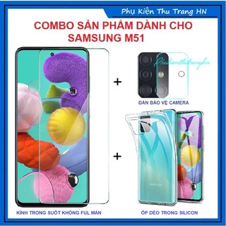 Combo 3 in 1 Samsung M51 kính cường lực trong suốt không full màn hình + dán bảo vệ camera + ốp dẻo silicon chống sốc