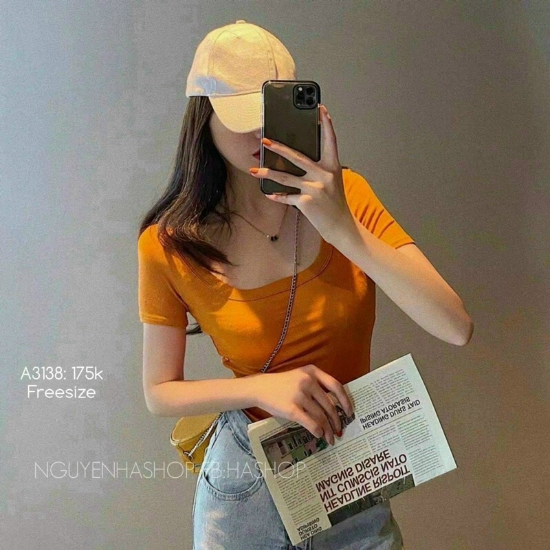 Áo croptop thun gân cổ vuông tay ngắn vkv