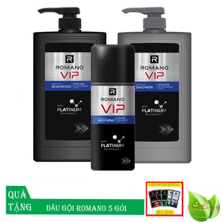 Romano Vip: Bộ Sữa Tắm (650g) + Dầu Gội (650g) + Xịt Ngăn Mùi Toàn Thân (150ml) +Tặng 5 gói dầu Gội
