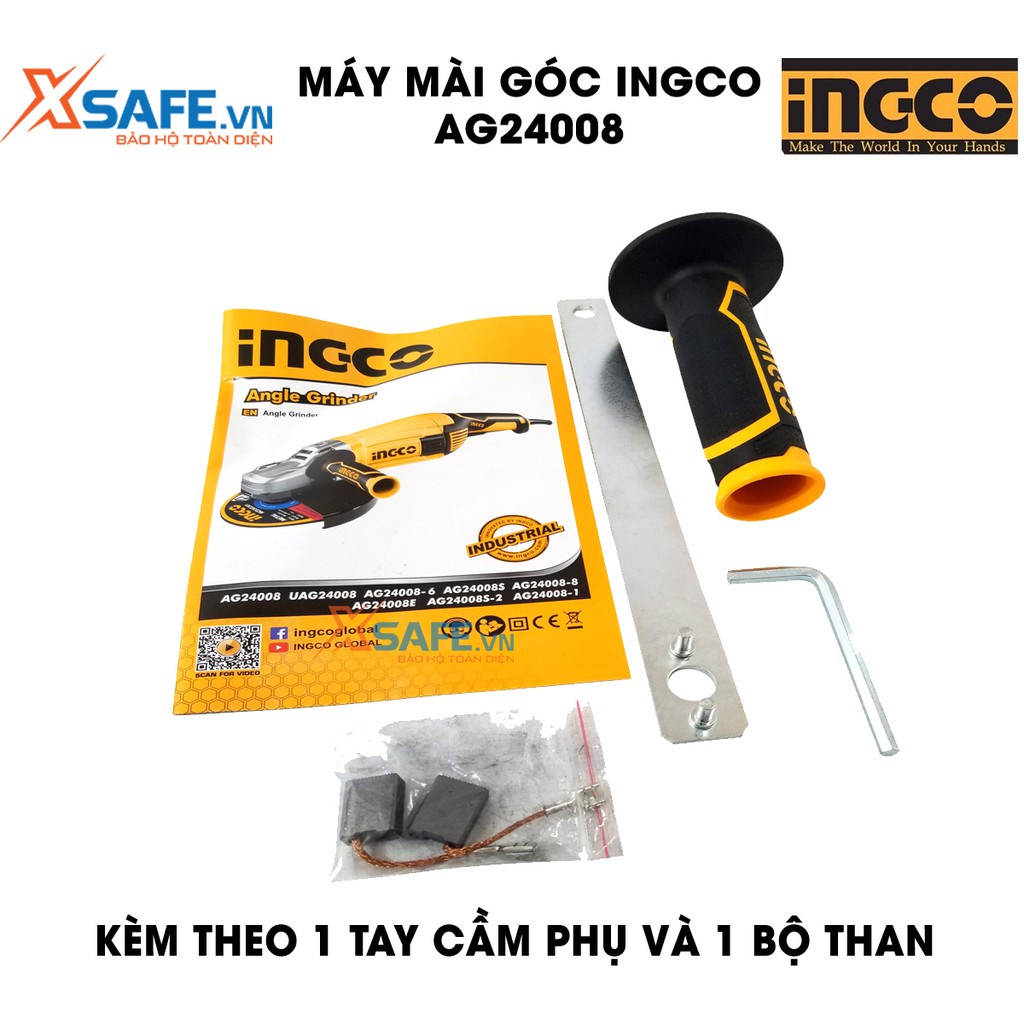 Máy mài góc INGCO AG24008 công suất 2400W, đường kính đĩa mài 230mm, cốt mài M14, kèm 1 tay cầm phụ, 1 bộ than