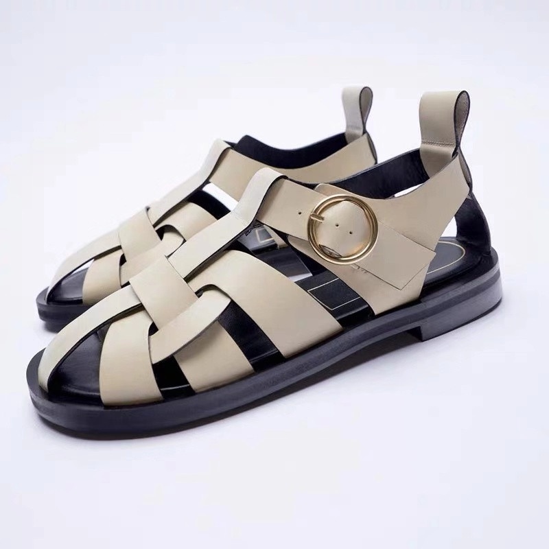 2022ZARA trendy new light beige round head leather flat sandals for women