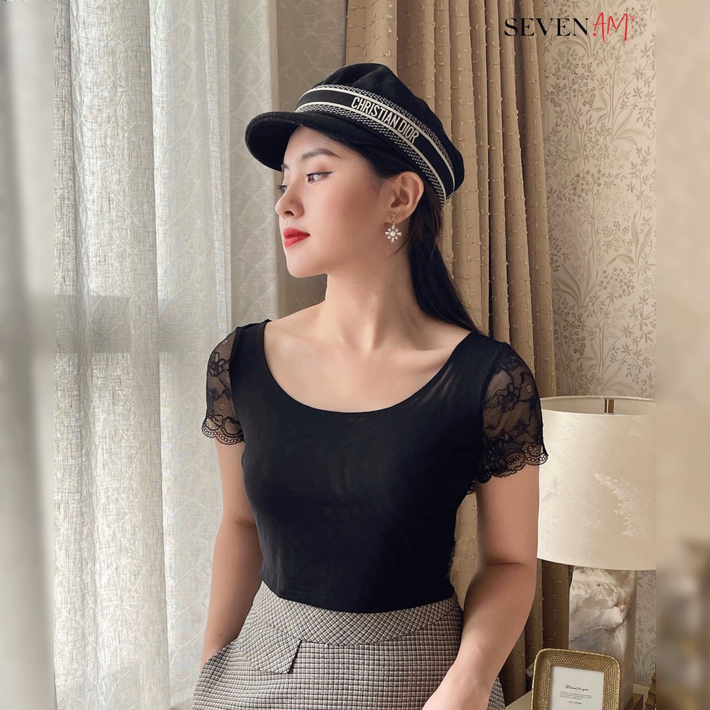 Áo Ngắn Tay Seven.AM Chất Liệu Ren Màu Đen/Trắng Mã Z16005A