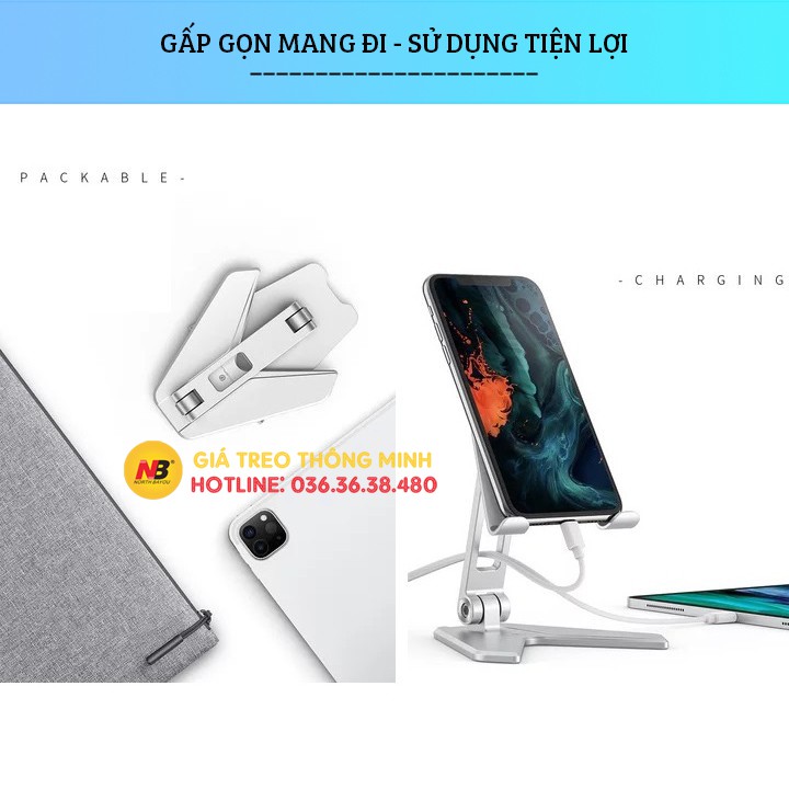 Giá đỡ điện thoại máy tính bảng tablet cho iPhone, iPad, Surface, Samsung P10 hợp kim nhôm - Gấp Gọn Tiện Lợi