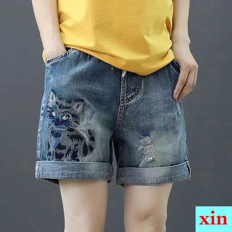 Quần Short Denim Lưng Thun Thêu Hình Bướm Phong Cách Mới Mùa Hè Cho Nữ