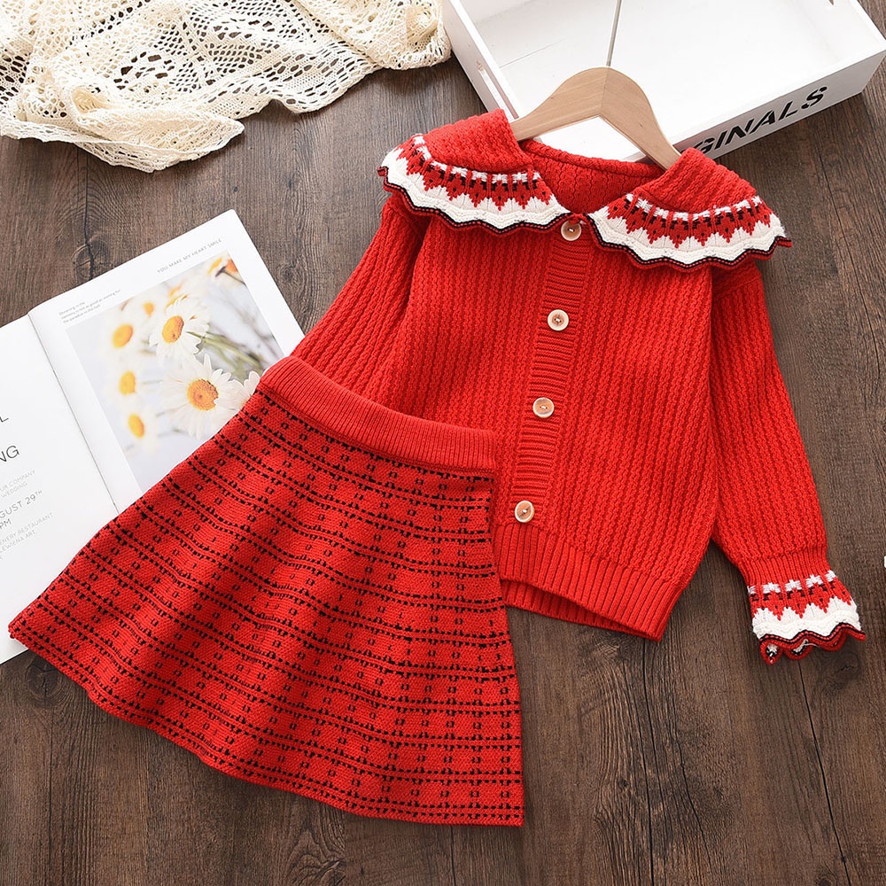 Set đồ BEAR LEADER gồm áo sweater tay dài cổ viền ren màu trơn+chân váy xếp ly thời trang thu đông cho bé gái 2-6T