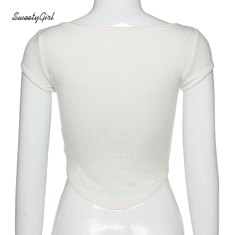 Áo croptop tay ngắn cổ chữ U màu trơn có nút cài thời trang cho nữ