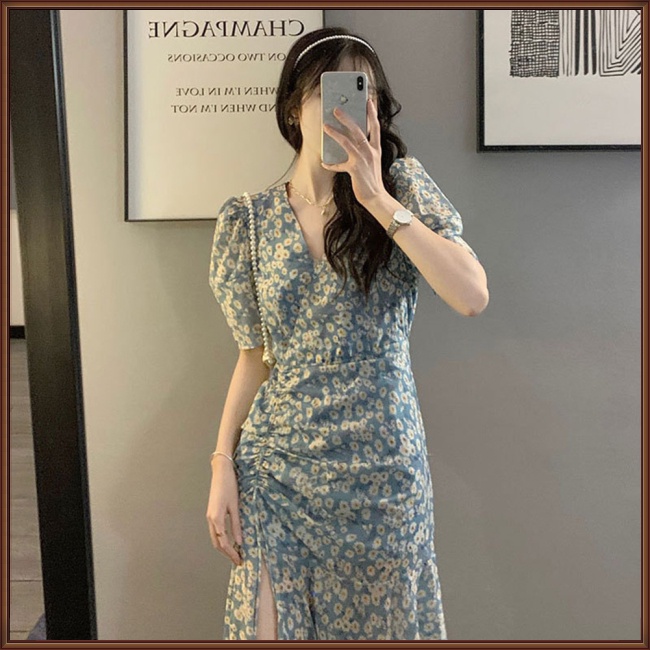 Đầm Voan Hoa Dáng Chữ A Tay Phồng Phối Dây Rút Xẻ Tà Thời Trang Retro Cho Nữ
