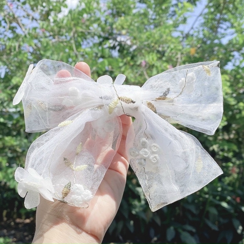 Kẹp tóc nơ lớn thêu hoa 4 mã xinh xắn