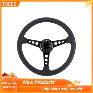 Treee 14in/350mm for MOMO Style 6-Bolt Black Leather Racing Steering Wheel Stitching with Horn Button