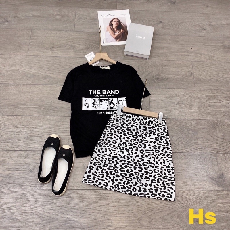 Set Bộ Áo Thun The Band  Mix Chân Váy Hoạ Tiết Da Báo Cá Tính Chất Cotton Có Ảnh Thật Và Video M.Store