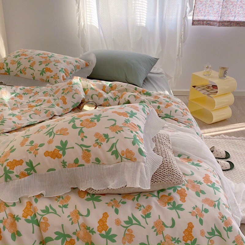 Bộ chăn ga Cotton bèo ren hoạ tiết hoa nhí vintage