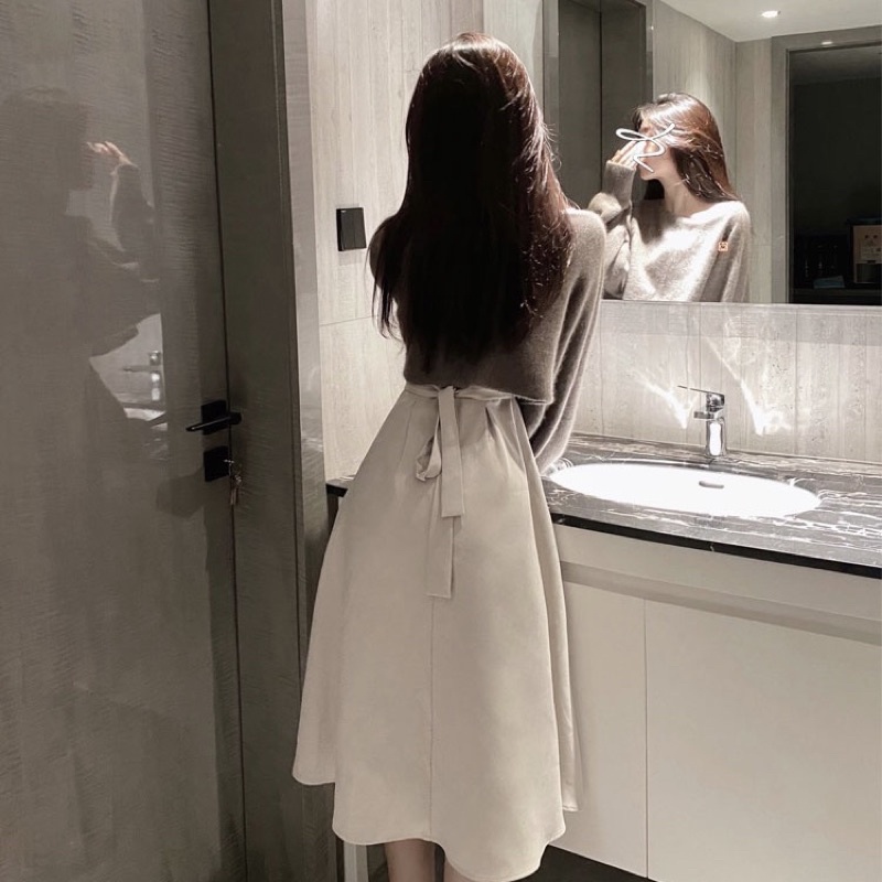 SET ÁO LEN CÁNH DƠI TRỄ VAI CROPTOP MIX VÁY DÀI PHONG CÁCH TIỂU THƯ HÀN QUỐC ULZZANG