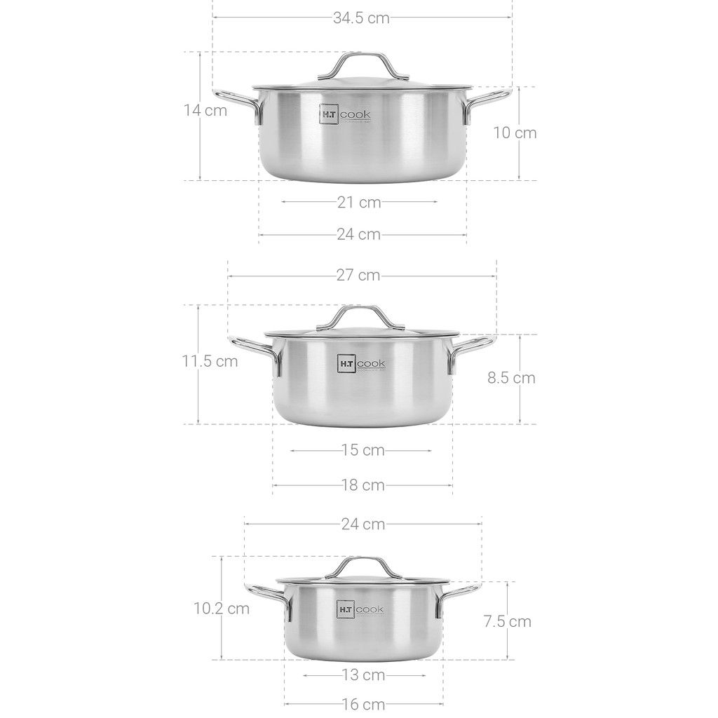 Bộ nồi cao cấp 1 đáy inox 430 H.T Cook nắp inox (3 món) - Kích thước 16cm - 18cm - 24cm